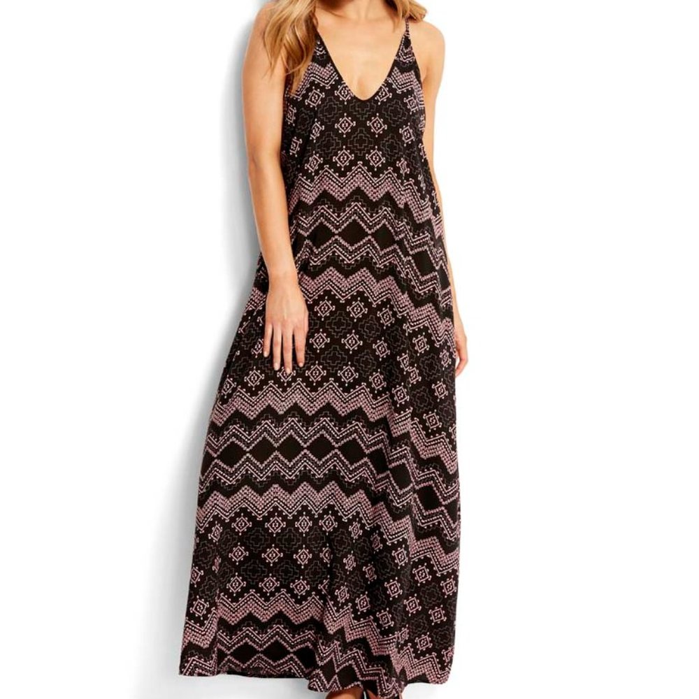 Seafolly Desert Tribal Print Trapeze Black Pink Maxi Dress Size XS